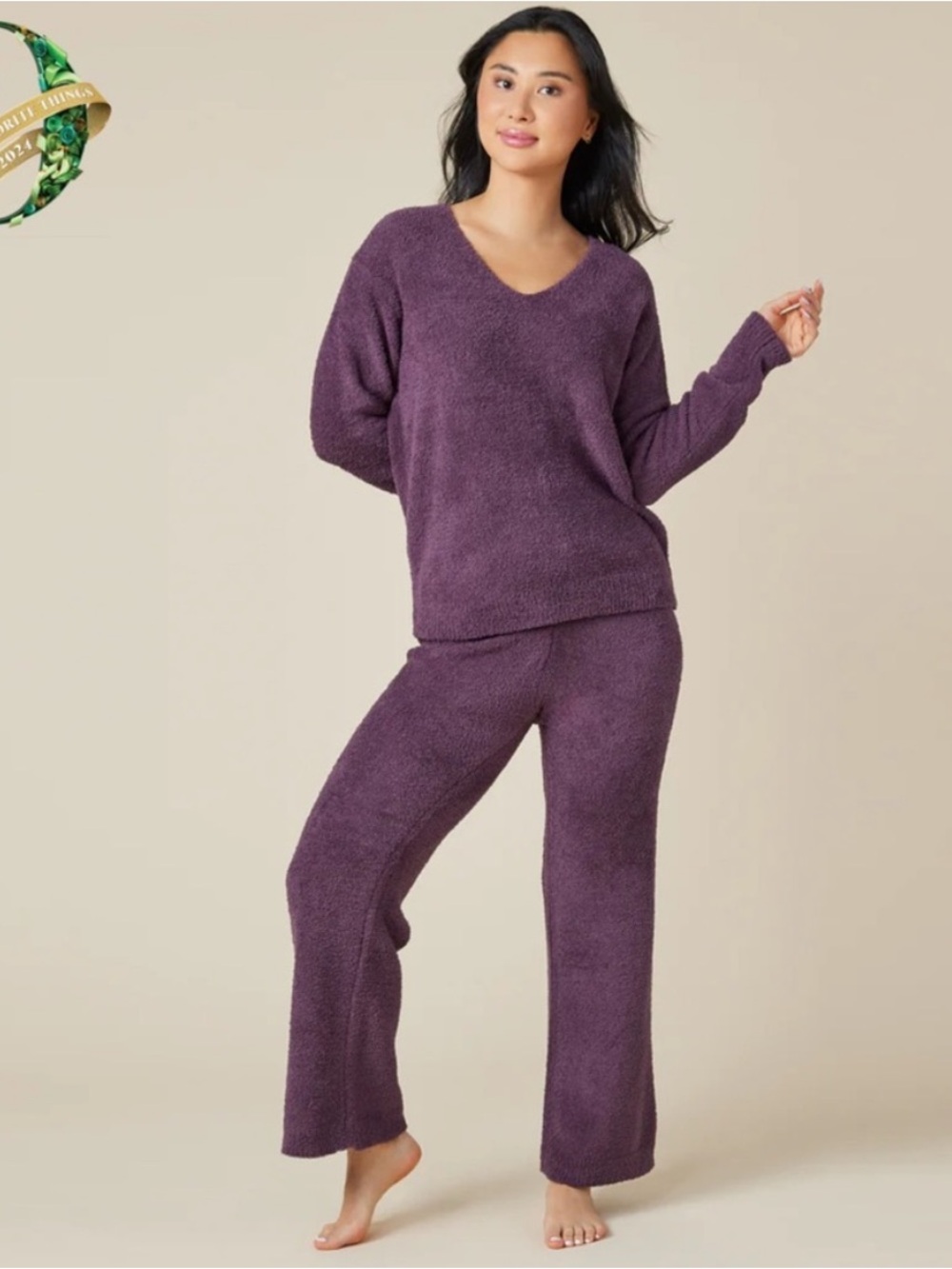 Softies Solid Marshmallow V-Neck Lounge Set 2-Piece Top & Bottoms in Fig New